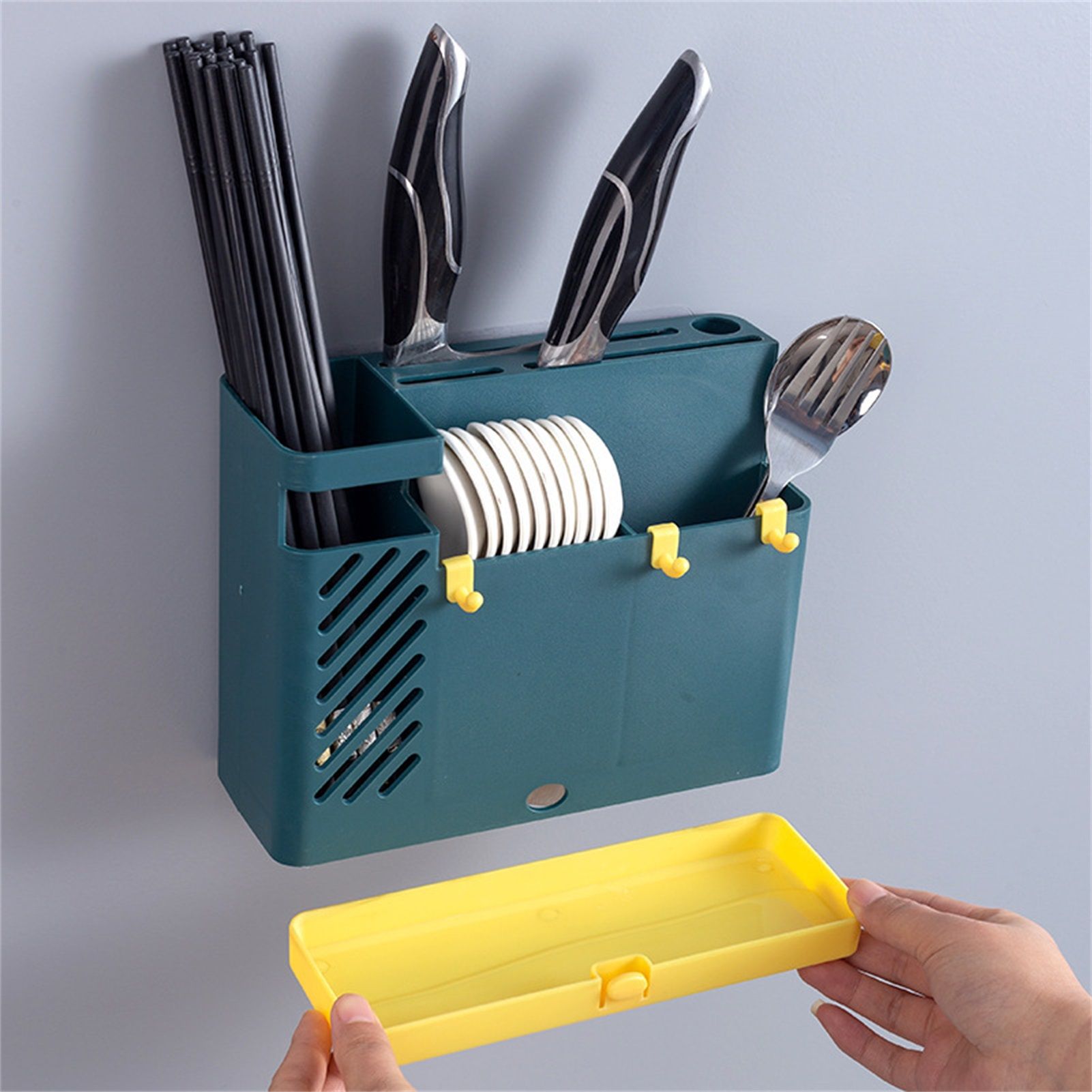 Cutlery Holder Multifunctional Wall Mounted Chopsticks Drying Rack for Home Kitchen Dark Blue - Image 4