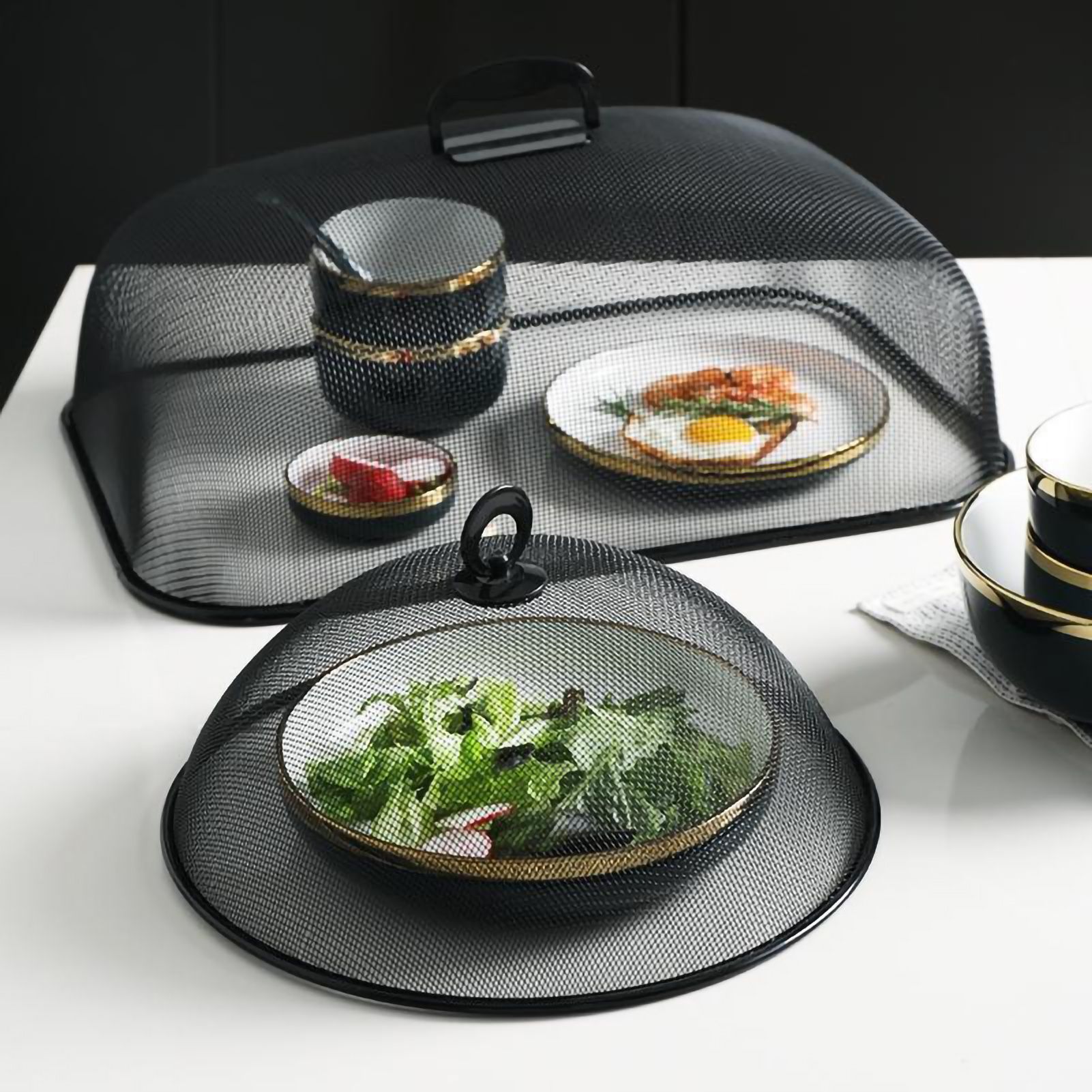 Food Cover Dense Mesh Design 180 Degree Rotatable Simple Iron Food Screen with Handle for Home Dining Room Black Rectangle Large - Image 1