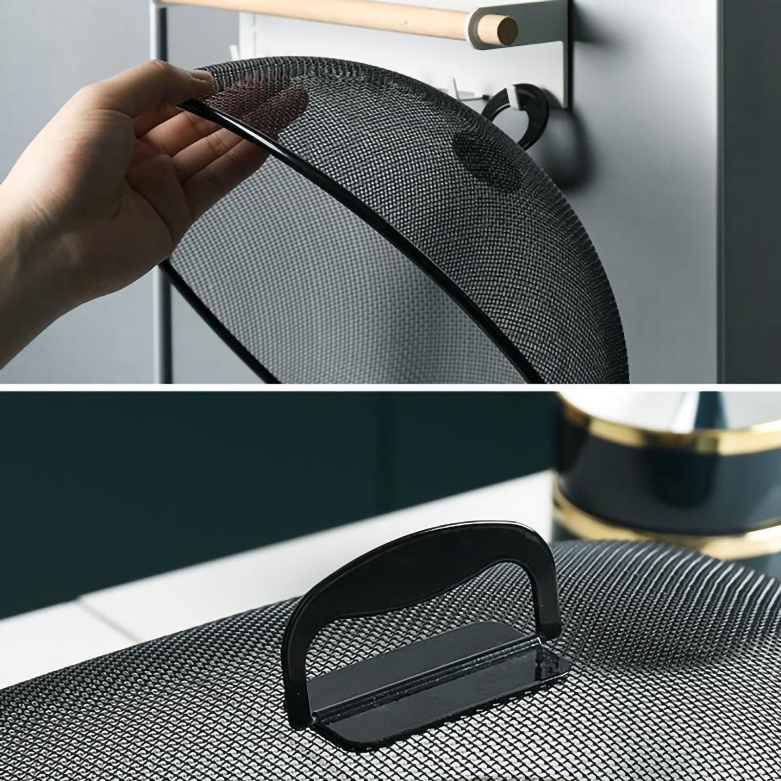 Food Cover Dense Mesh Design 180 Degree Rotatable Simple Iron Food Screen with Handle for Home Dining Room Black Rectangle Large - Image 3