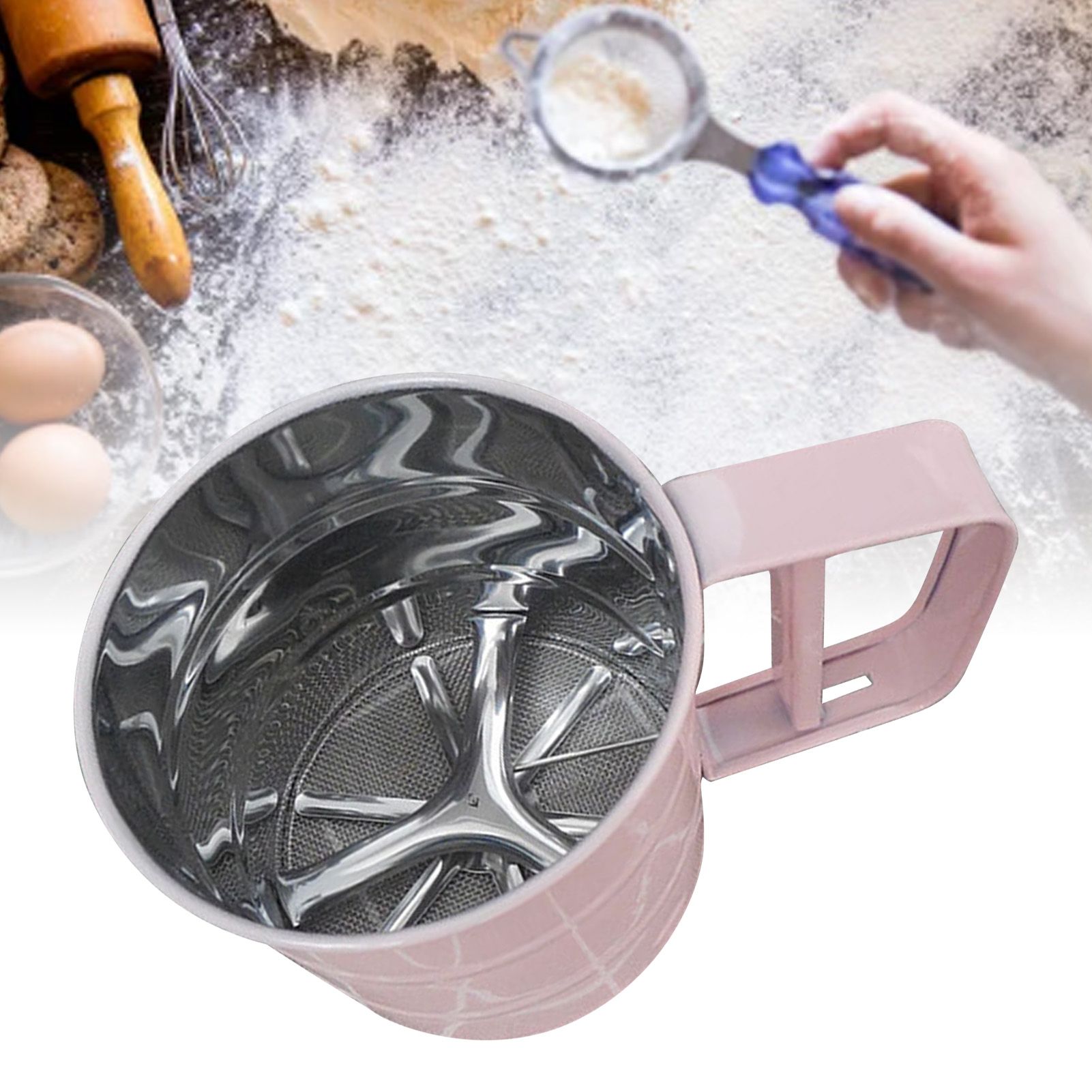 Flour Sifter Stainless Steel Corrosion Resistant Safe Odorless Beautiful Handheld Baking Flour Mesh Sieve Pink - Image 5