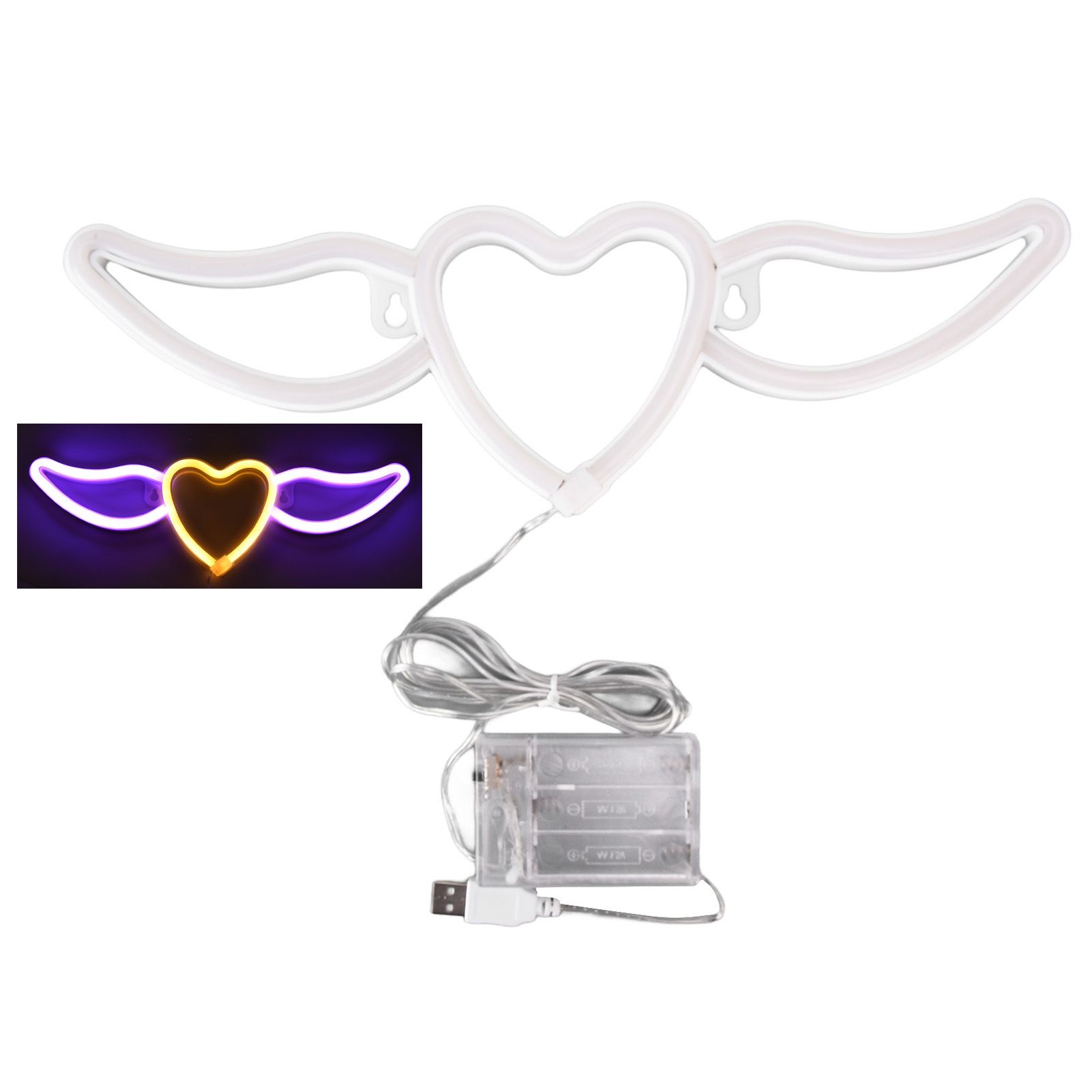 Heart Shaped Neon Light Safe Energy Saving Dual Power Heart Shaped Wings Neon Sign for Valentine's Day Wedding(Purple Light Warm White Light ) - Image 1