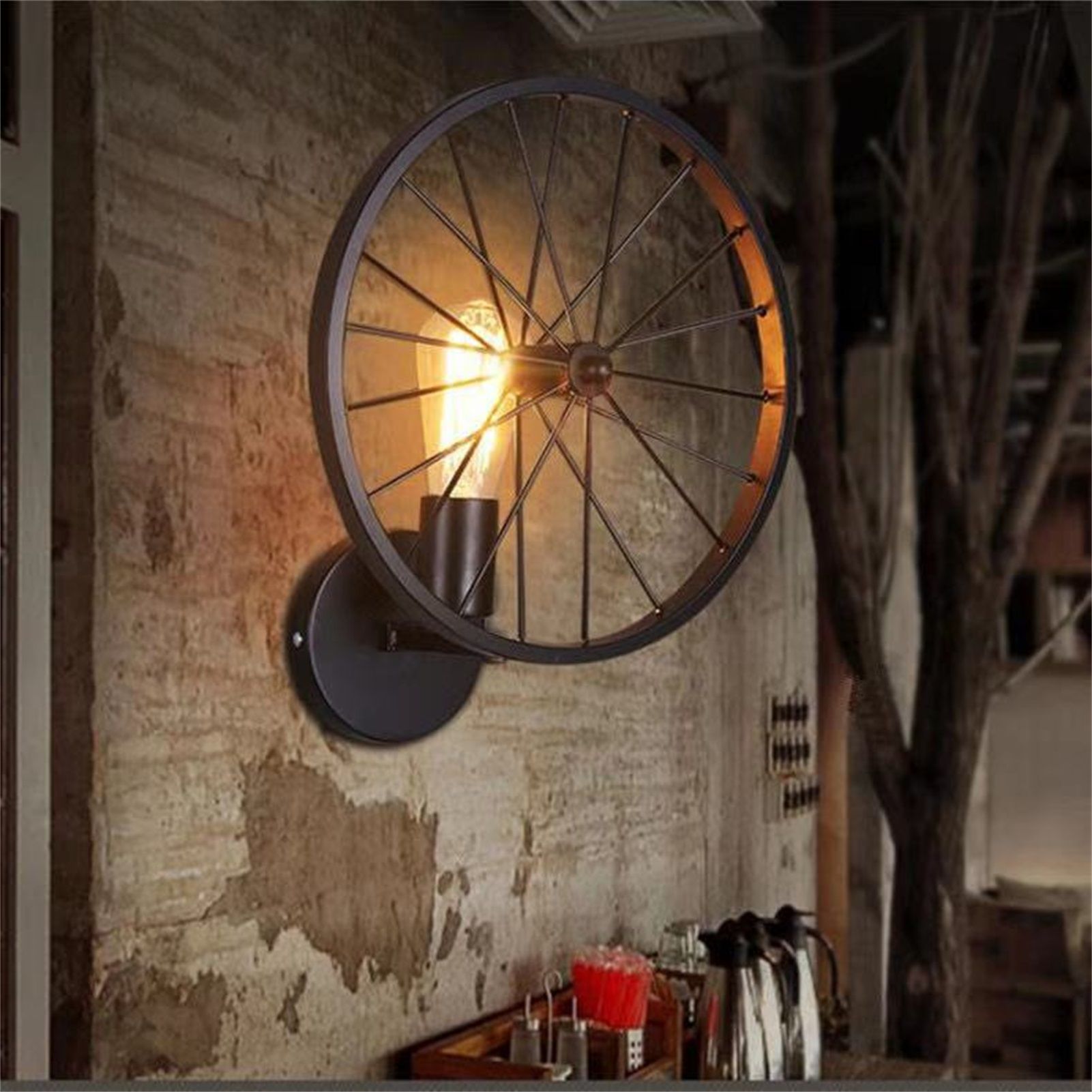 Wall Lamp Decorative Wheel Light Retro Industrial Style Iron for Balcony Corridor Black - Image 4