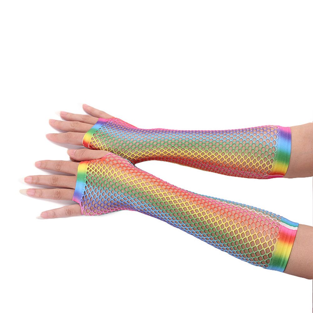 1 Pair Womens Shiny Rainbow Printed Net Gloves Hollow Out Bridal Fingerless Gloves for Wedding Party Dance Costume - Image 1