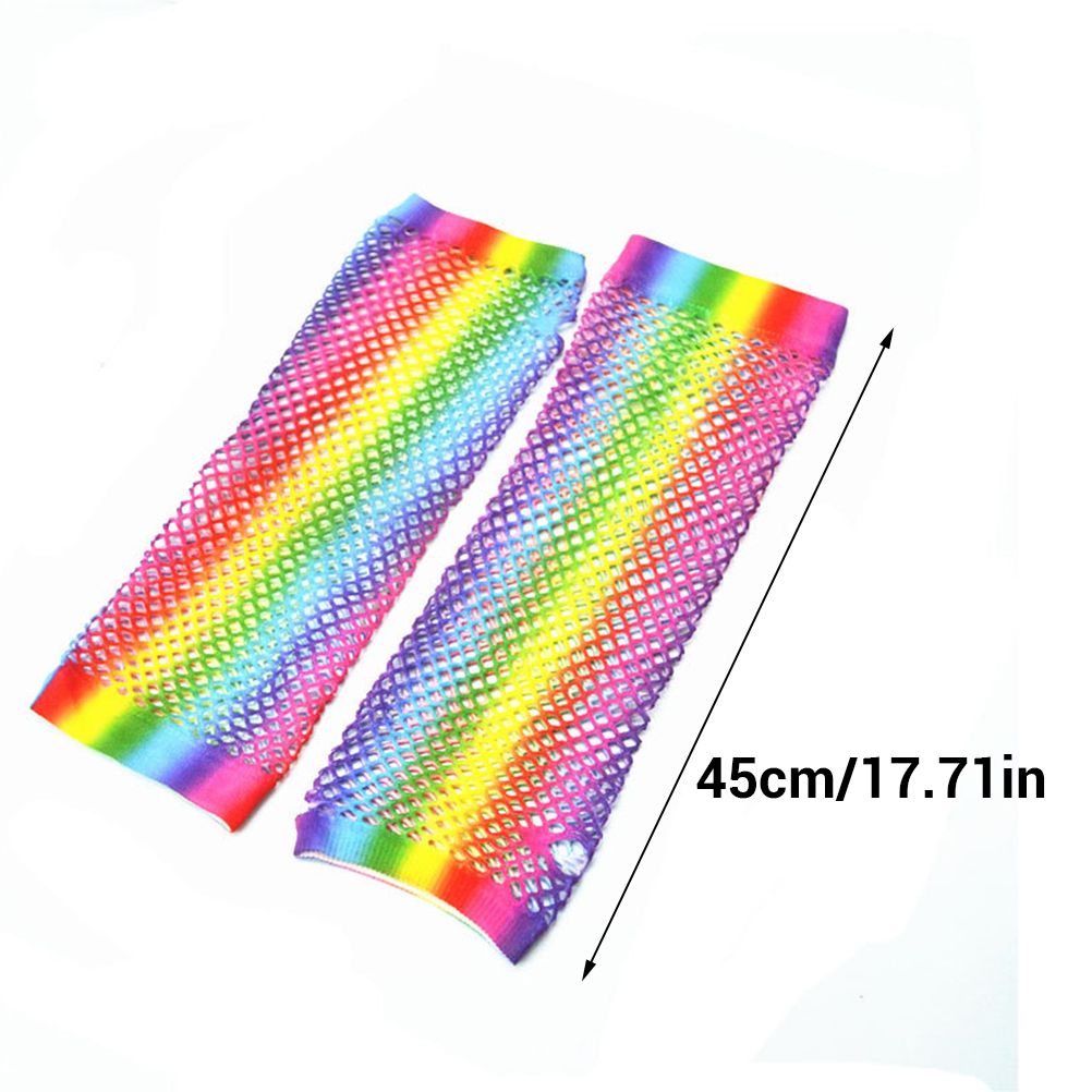 1 Pair Womens Shiny Rainbow Printed Net Gloves Hollow Out Bridal Fingerless Gloves for Wedding Party Dance Costume - Image 2