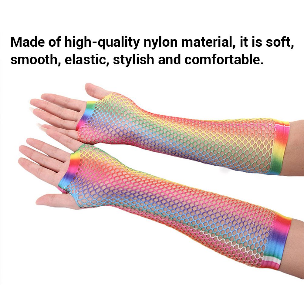 1 Pair Womens Shiny Rainbow Printed Net Gloves Hollow Out Bridal Fingerless Gloves for Wedding Party Dance Costume - Image 3