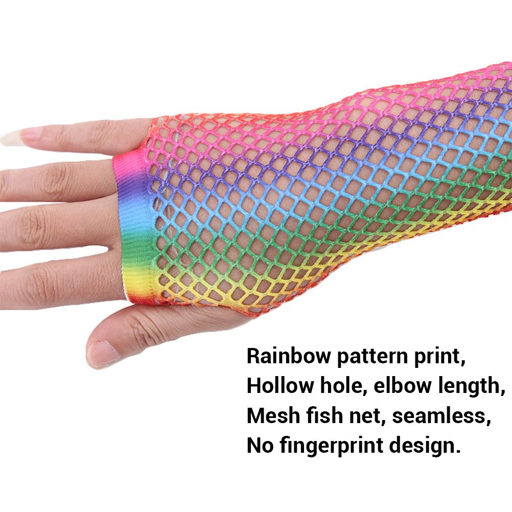 1 Pair Womens Shiny Rainbow Printed Net Gloves Hollow Out Bridal Fingerless Gloves for Wedding Party Dance Costume - Image 4