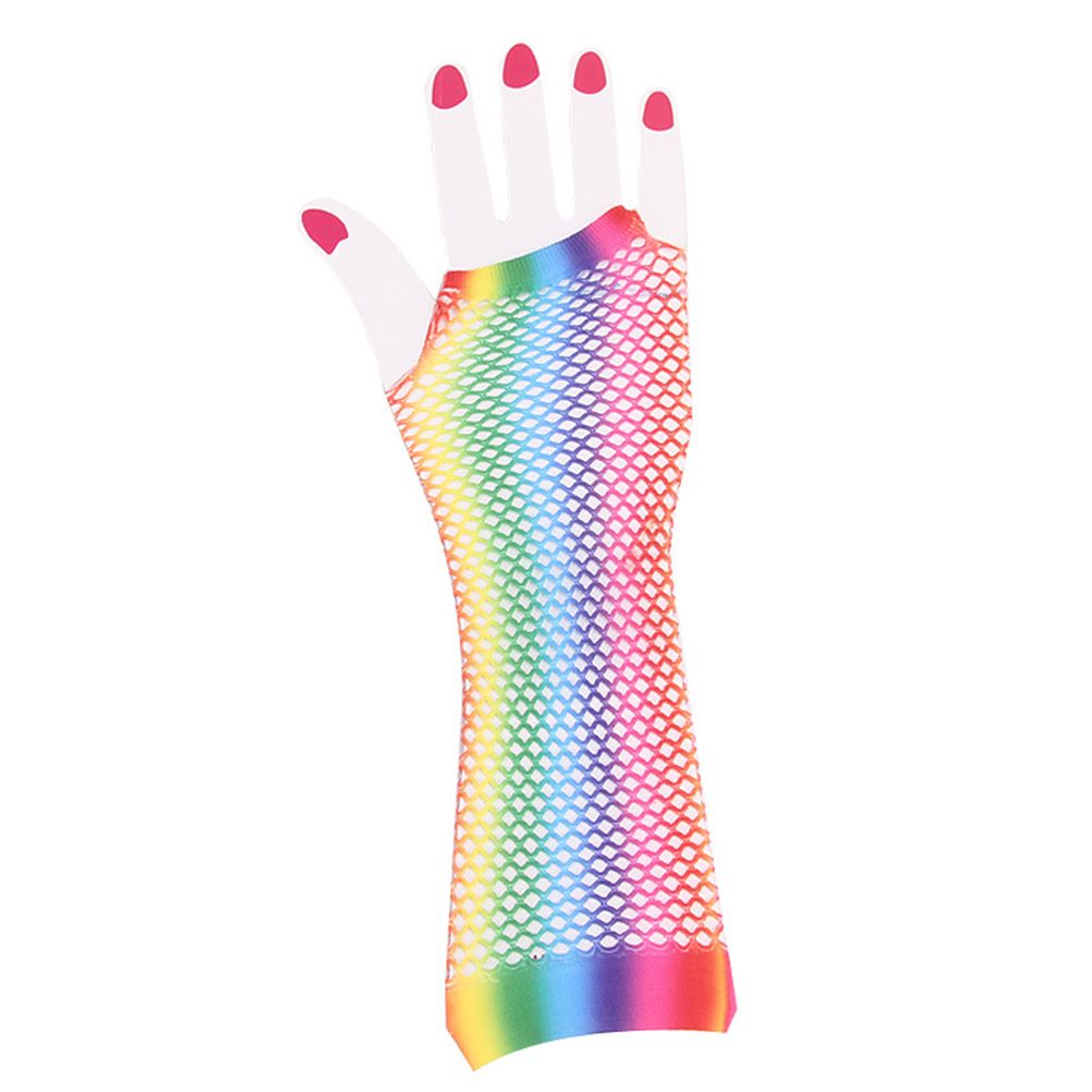 1 Pair Womens Shiny Rainbow Printed Net Gloves Hollow Out Bridal Fingerless Gloves for Wedding Party Dance Costume - Image 6