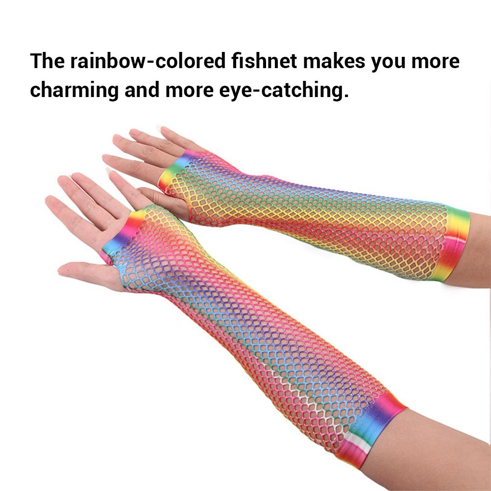 1 Pair Womens Shiny Rainbow Printed Net Gloves Hollow Out Bridal Fingerless Gloves for Wedding Party Dance Costume - Image 7
