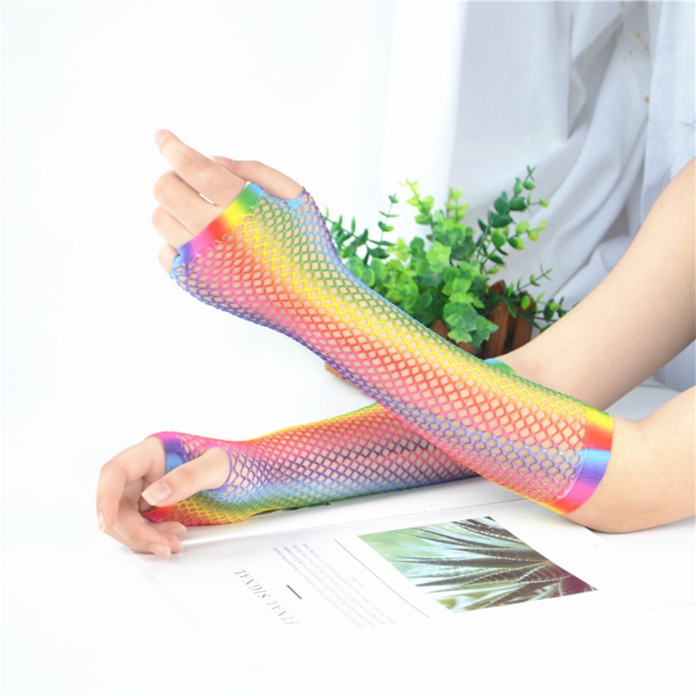 1 Pair Womens Shiny Rainbow Printed Net Gloves Hollow Out Bridal Fingerless Gloves for Wedding Party Dance Costume - Image 8
