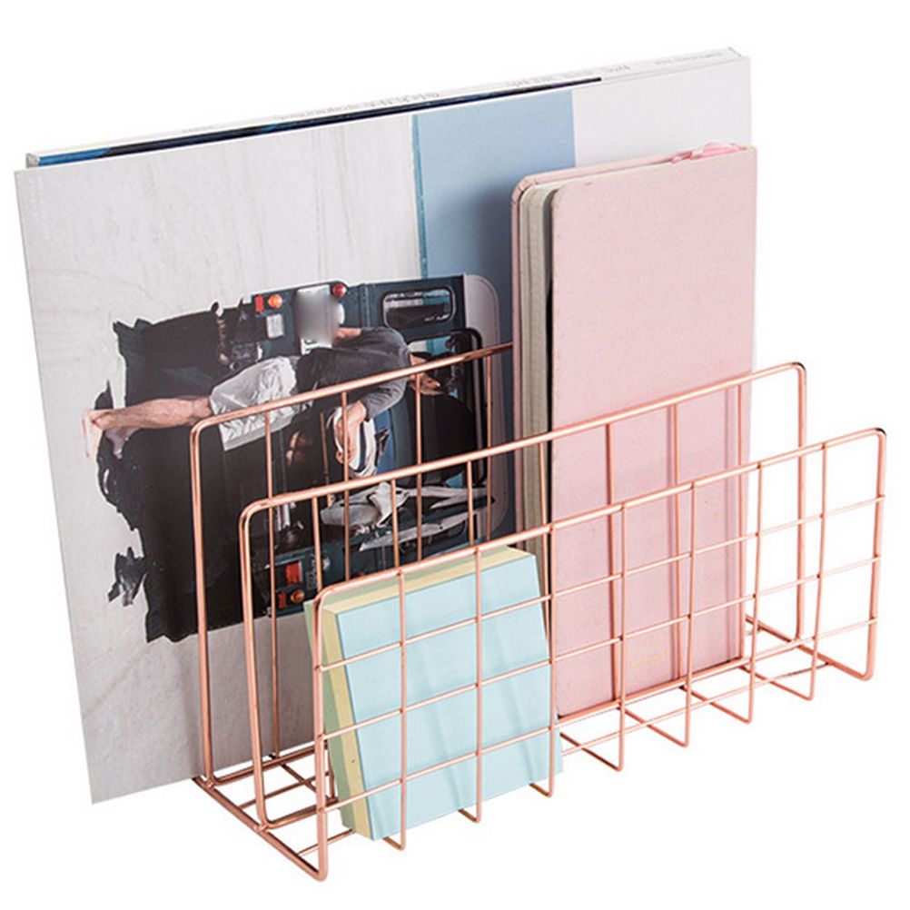 Letter Holder Iron Metal Three Grid Bookcase Holder Multifunctional File Sorter Organizer - Image 1