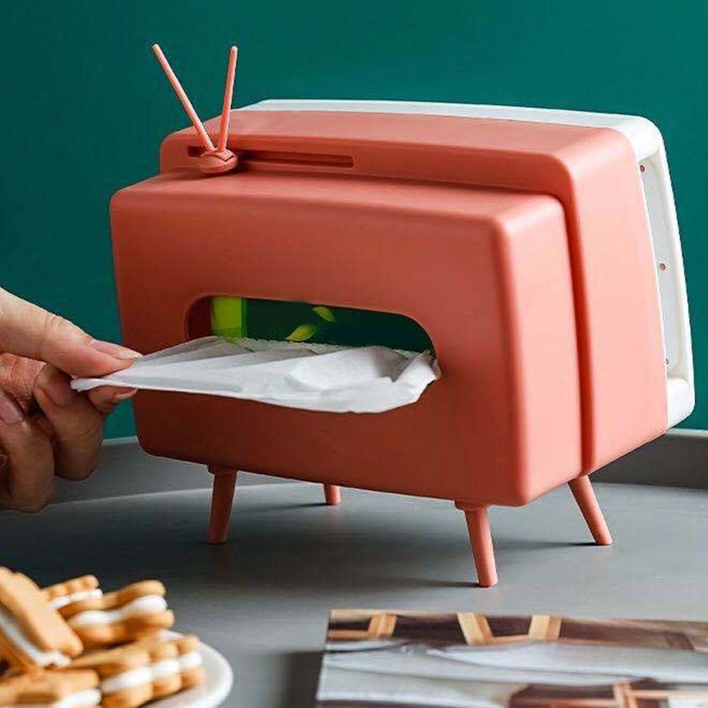 Retro Tissue Box Television Shaped Roll Paper Storage Container Built In Phone Holder - Image 2