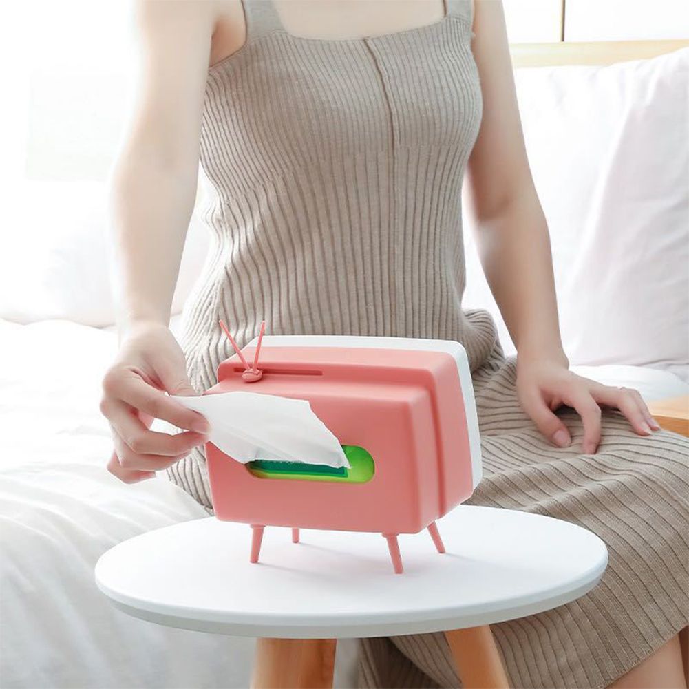 Retro Tissue Box Television Shaped Roll Paper Storage Container Built In Phone Holder - Image 3