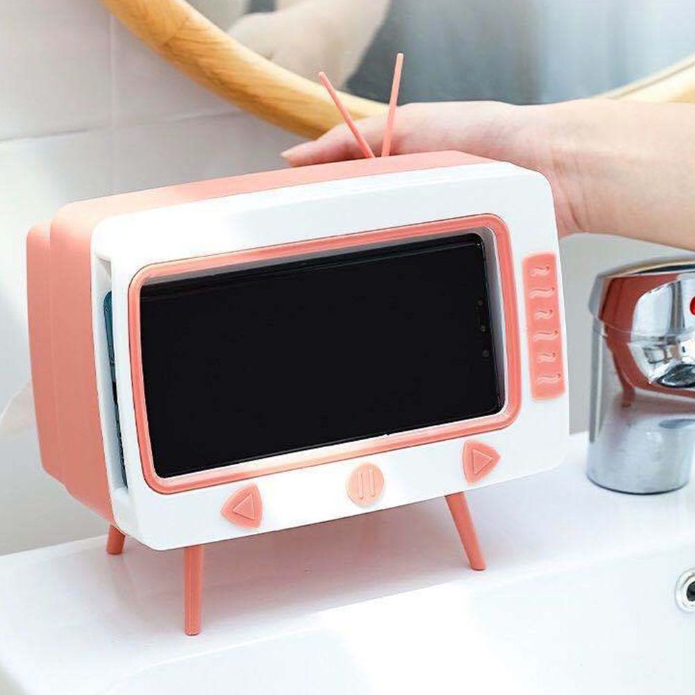 Retro Tissue Box Television Shaped Roll Paper Storage Container Built In Phone Holder - Image 4