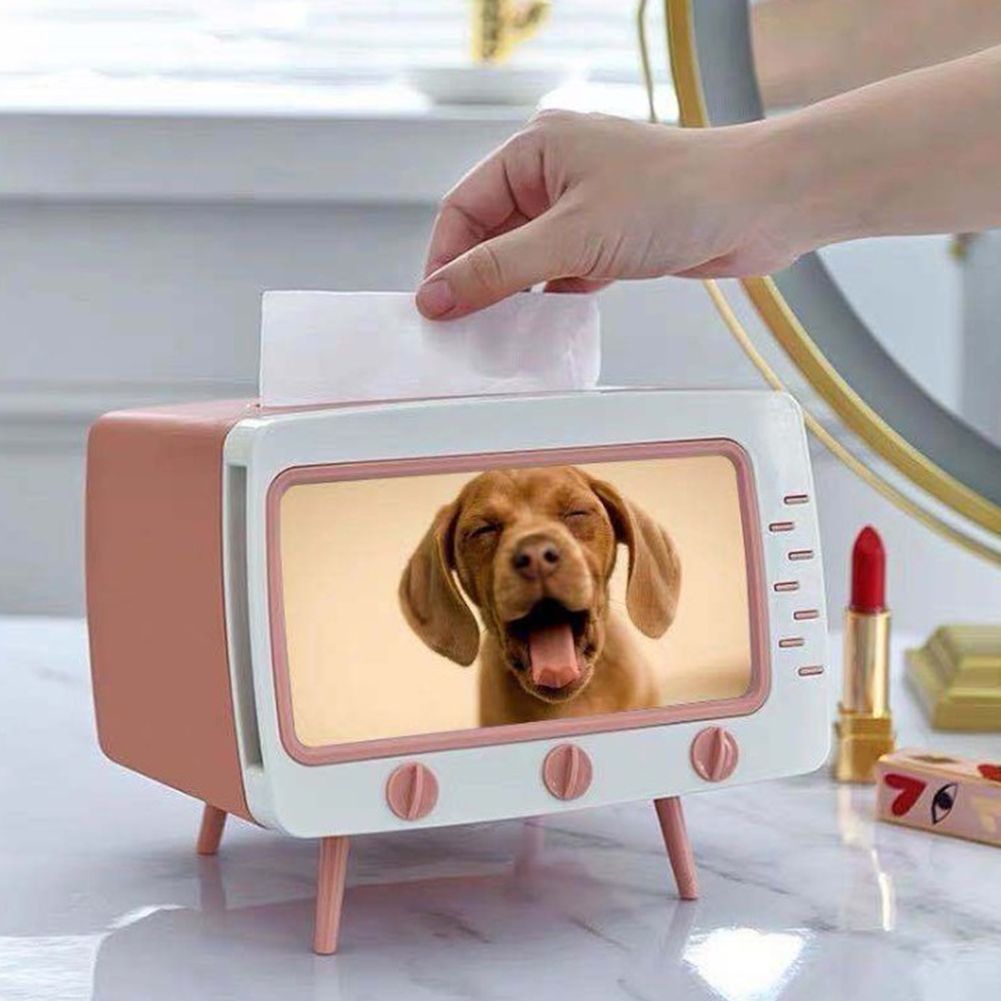 Retro Tissue Box Television Shaped Roll Paper Storage Container Built In Phone Holder - Image 5