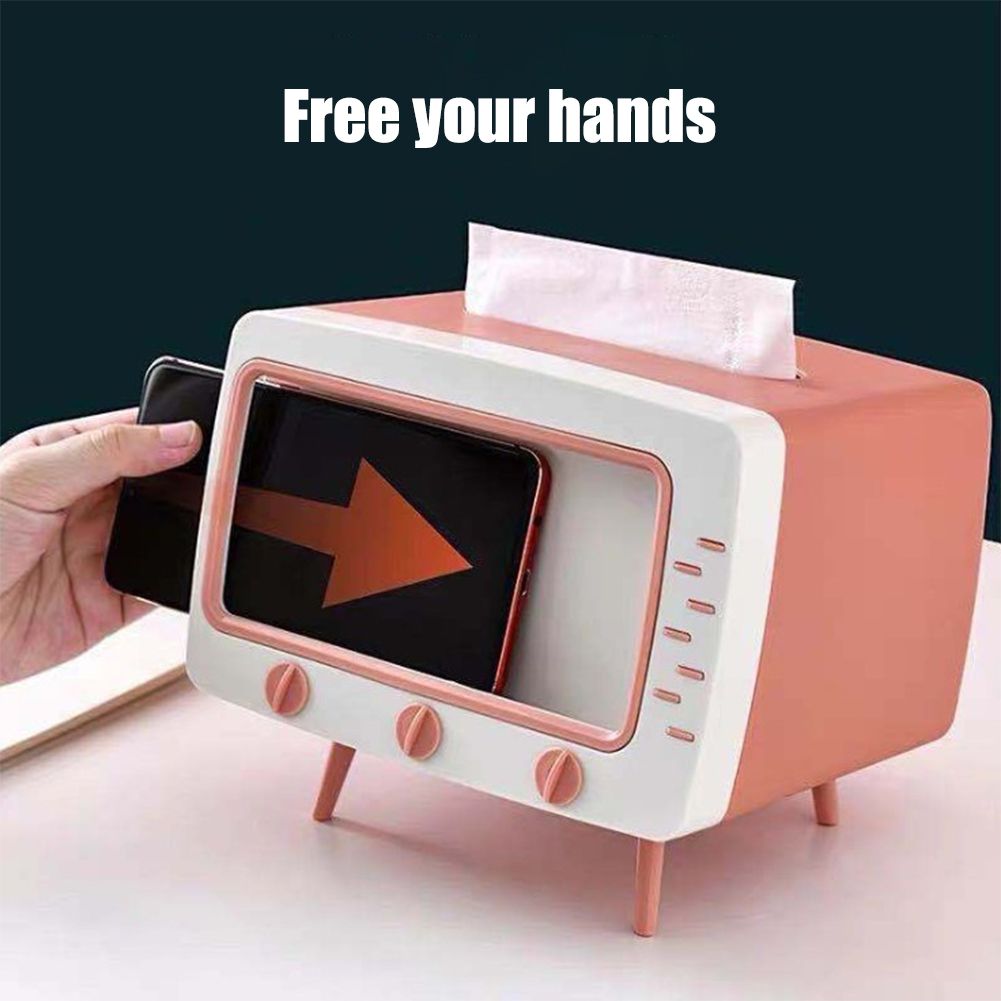 Retro Tissue Box Television Shaped Roll Paper Storage Container Built In Phone Holder - Image 7