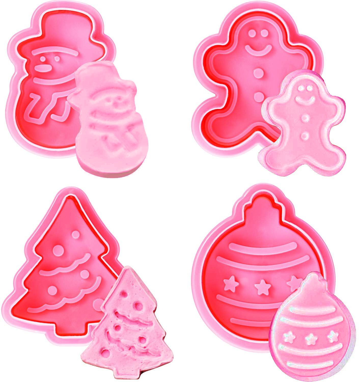 4 Pcs Christmas Biscuits Cutters Set Christmas Tree Snowman Gingerbread Egg Stamper Spring Loaded Handle Cutter - Image 1