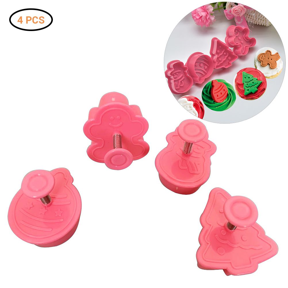 4 Pcs Christmas Biscuits Cutters Set Christmas Tree Snowman Gingerbread Egg Stamper Spring Loaded Handle Cutter - Image 2