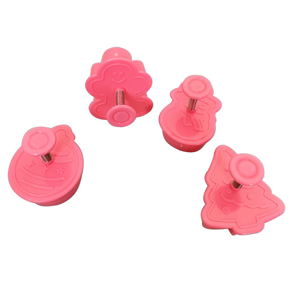 4 Pcs Christmas Biscuits Cutters Set Christmas Tree Snowman Gingerbread Egg Stamper Spring Loaded Handle Cutter - Image 3