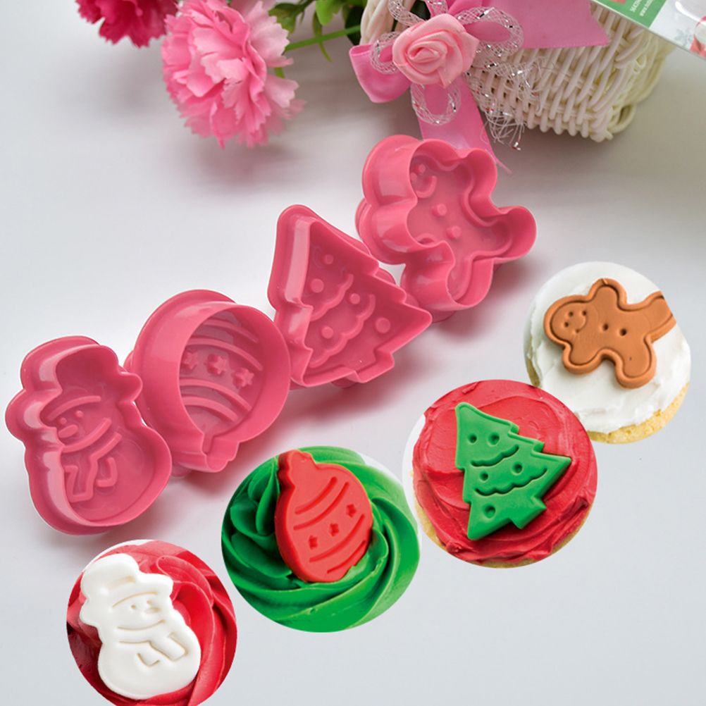4 Pcs Christmas Biscuits Cutters Set Christmas Tree Snowman Gingerbread Egg Stamper Spring Loaded Handle Cutter - Image 5