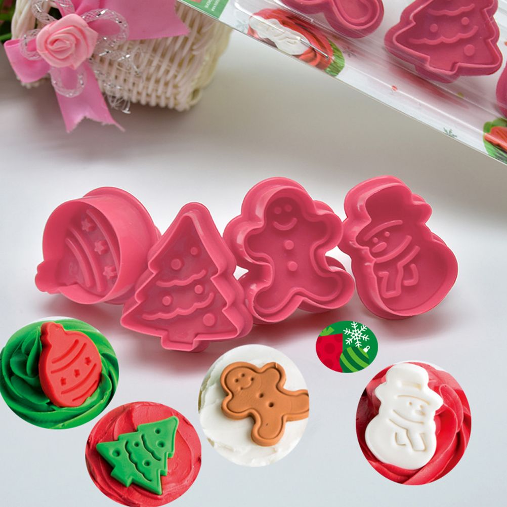 4 Pcs Christmas Biscuits Cutters Set Christmas Tree Snowman Gingerbread Egg Stamper Spring Loaded Handle Cutter - Image 6