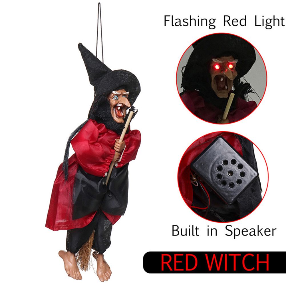 Halloween Hanging Witch Dolls Voice Control Prop Animated Ghost Scary Riding Broom Wall Hanging Party Outdoor Home Decoration Toy - Image 3