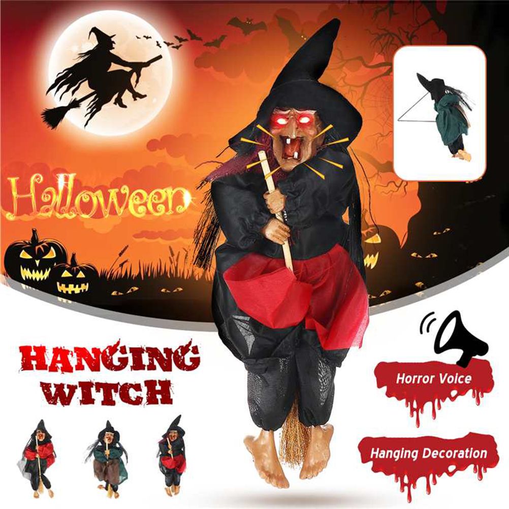 Halloween Hanging Witch Dolls Voice Control Prop Animated Ghost Scary Riding Broom Wall Hanging Party Outdoor Home Decoration Toy - Image 2
