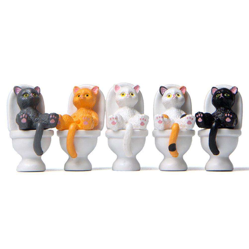5Pcs Cat Sitting on Toilet Statues Mini Toilet Cat Figurines Desktop Ornaments Home Decor Cartoon Animal Garden Statues for Micro Landscape - Image 1