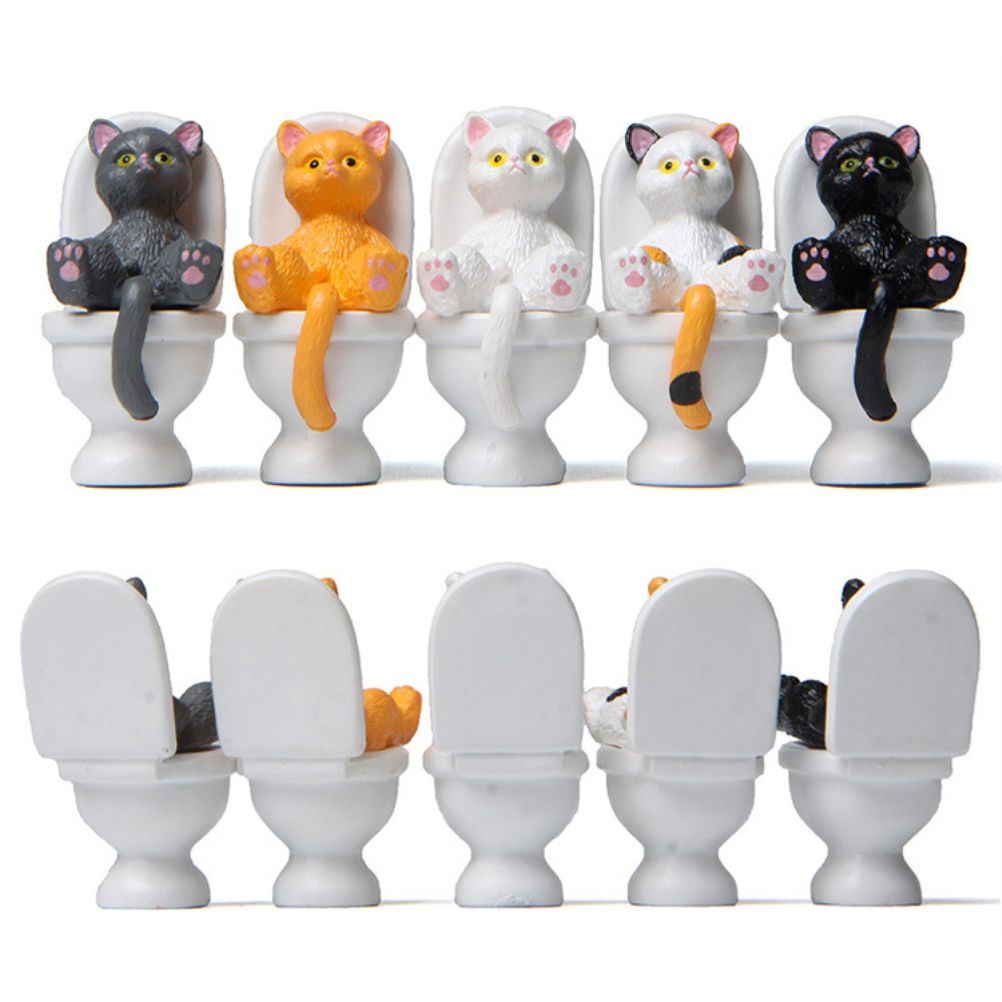5Pcs Cat Sitting on Toilet Statues Mini Toilet Cat Figurines Desktop Ornaments Home Decor Cartoon Animal Garden Statues for Micro Landscape - Image 5