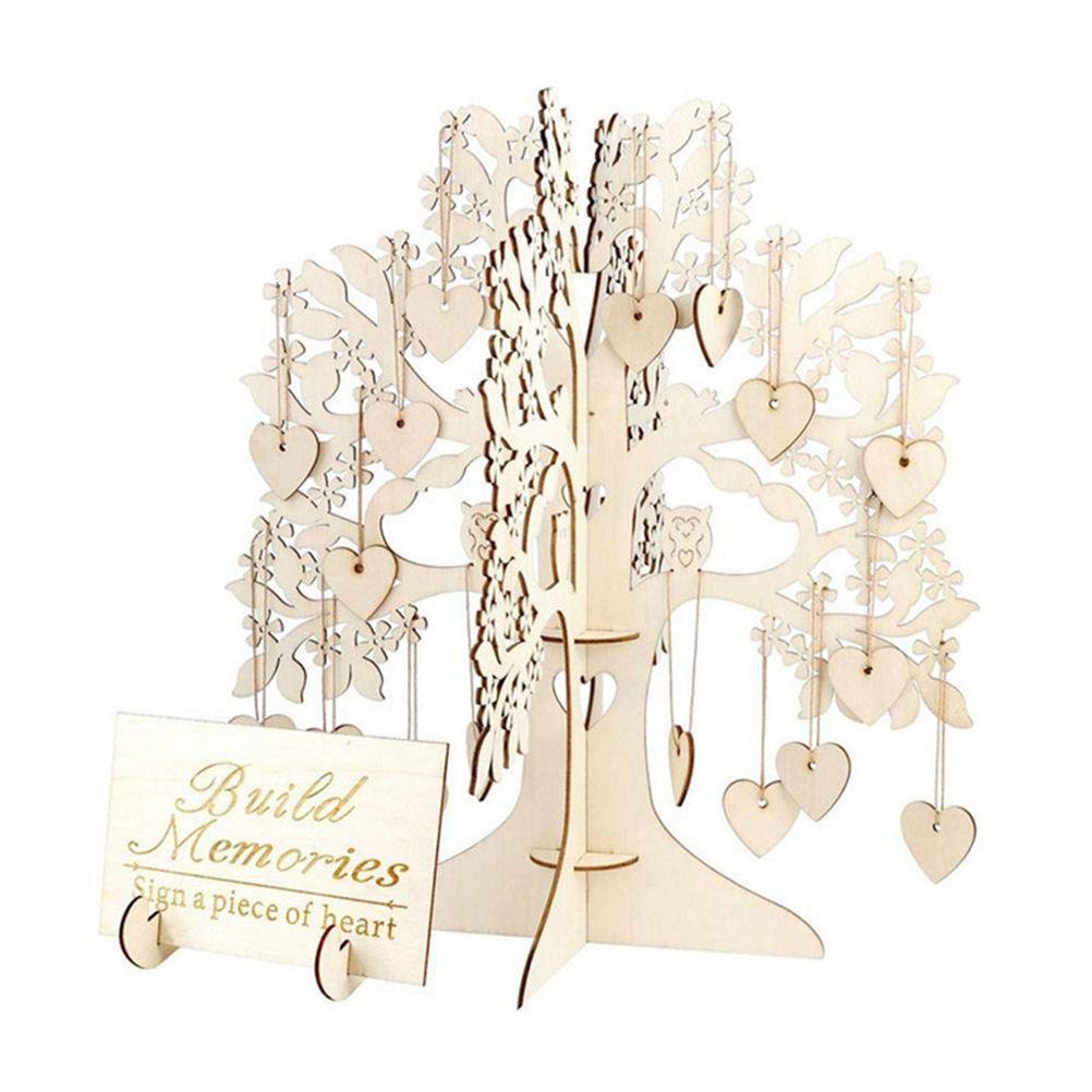 Wood Tree Frame Guest Book with Stand Unique Rustic Wedding Guest Registry with 100pcs Wooden Hearts - Image 1