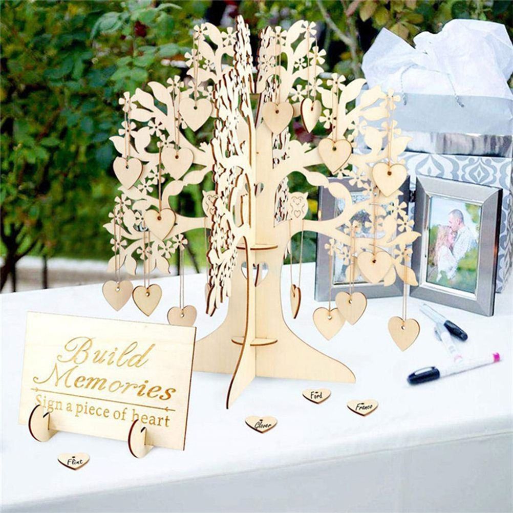 Wood Tree Frame Guest Book with Stand Unique Rustic Wedding Guest Registry with 100pcs Wooden Hearts - Image 4