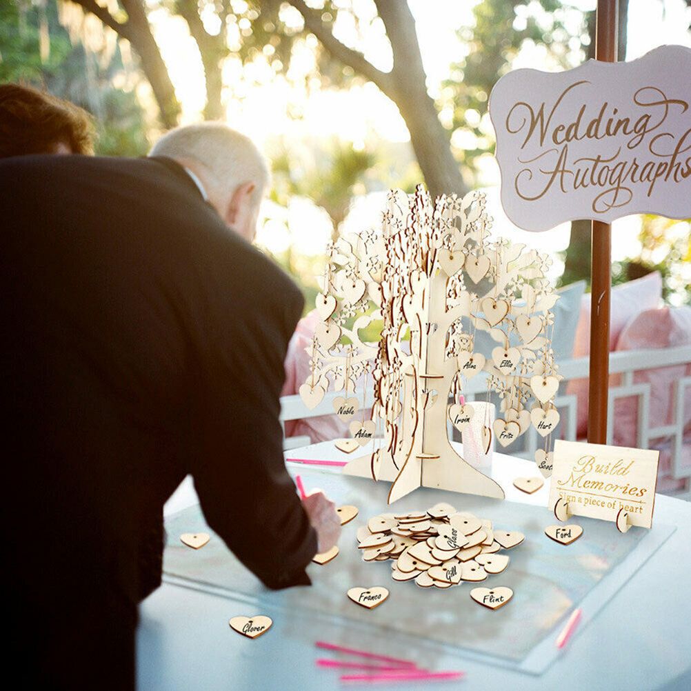 Wood Tree Frame Guest Book with Stand Unique Rustic Wedding Guest Registry with 100pcs Wooden Hearts - Image 6