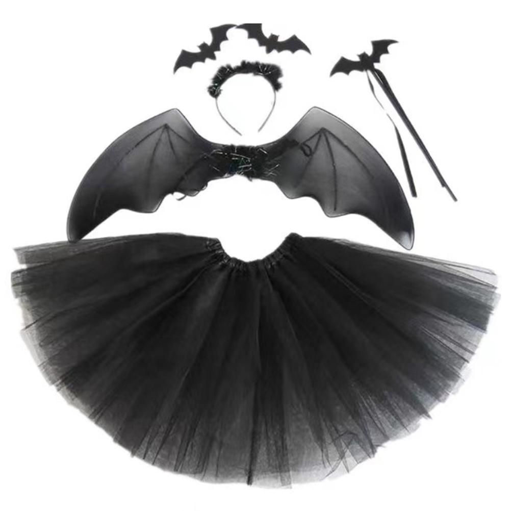 4Pcs Girls Halloween Cosplay Costume Dress Up Dress Black Mesh Skirt with Headband Bat Wing Wand Halloween Party Cosplay Props - Image 1