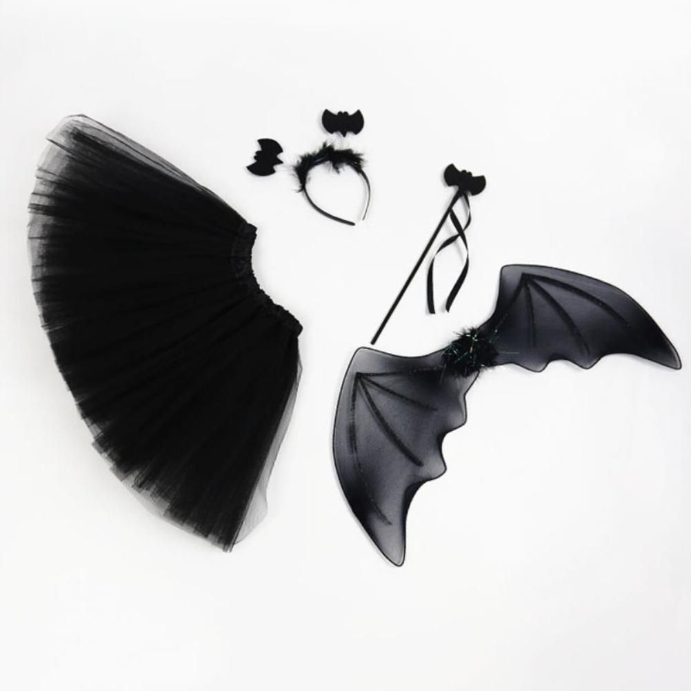 4Pcs Girls Halloween Cosplay Costume Dress Up Dress Black Mesh Skirt with Headband Bat Wing Wand Halloween Party Cosplay Props - Image 3