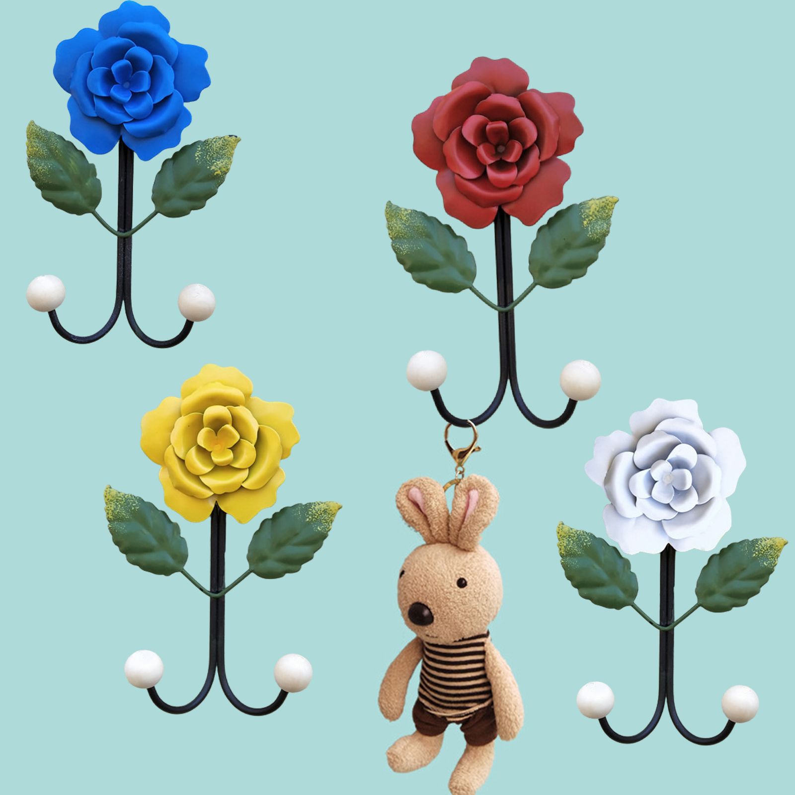 Wrought Iron Rose Flowers Double Hook Small Hook Door Behind Bathroom Kitchen Wall Perforation Free Porch Decoration - Image 2
