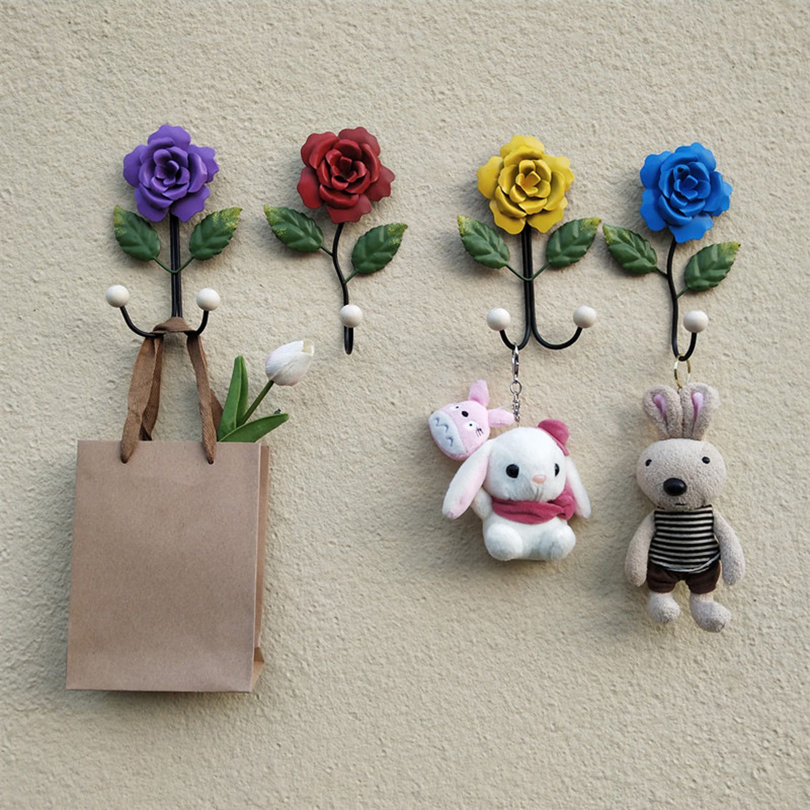 Wrought Iron Rose Flowers Double Hook Small Hook Door Behind Bathroom Kitchen Wall Perforation Free Porch Decoration - Image 3