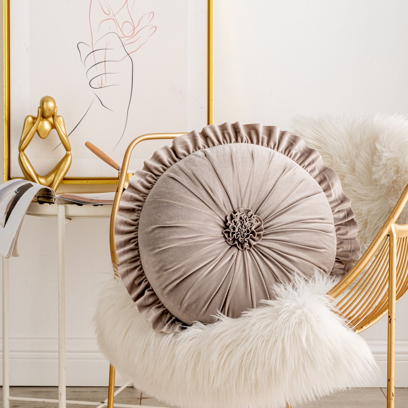 Round Velvet Cushion Ruffled Flower Cushion Decorative Sofa Throw Pillow - Image 5