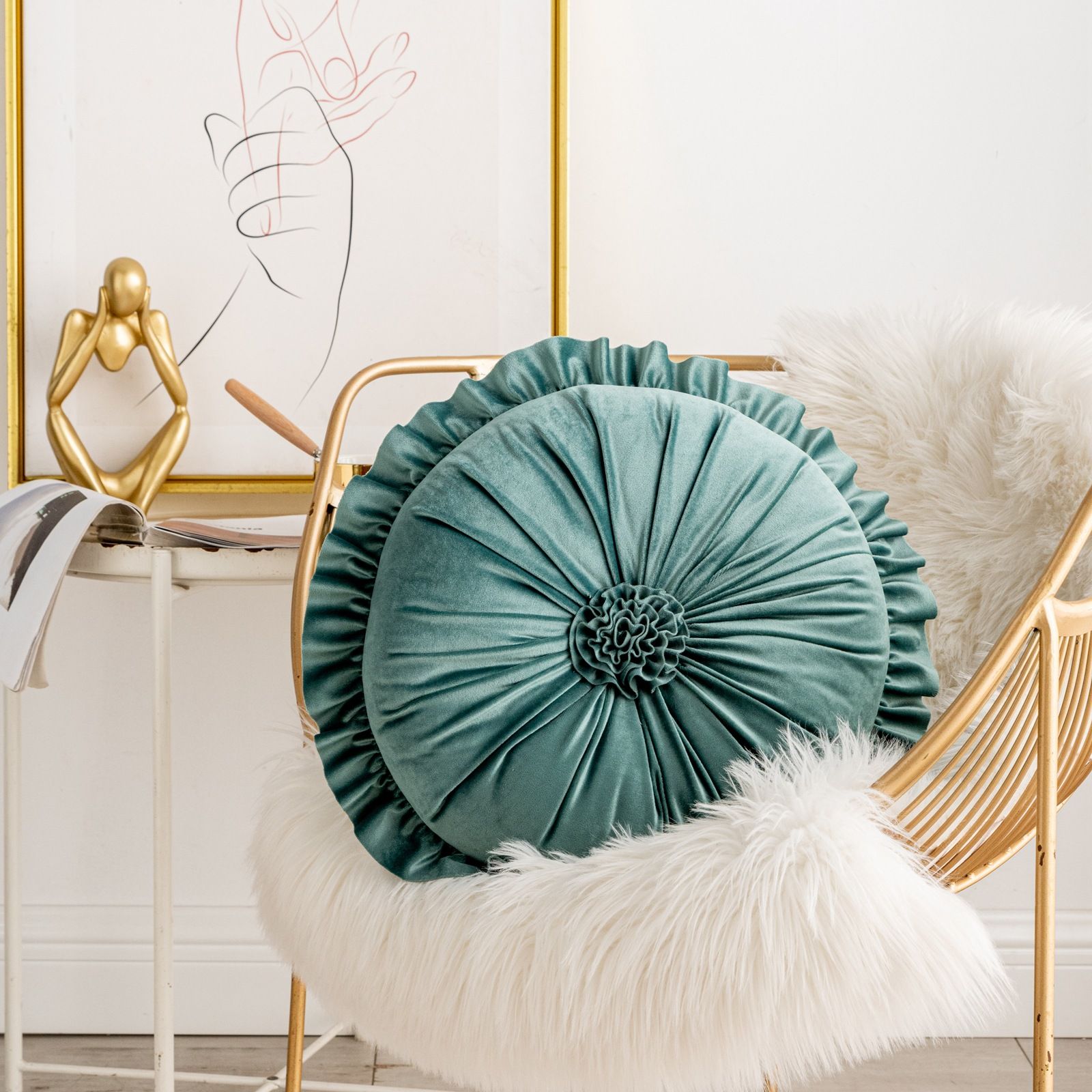 Round Velvet Cushion Ruffled Flower Cushion Decorative Sofa Throw Pillow - Image 6