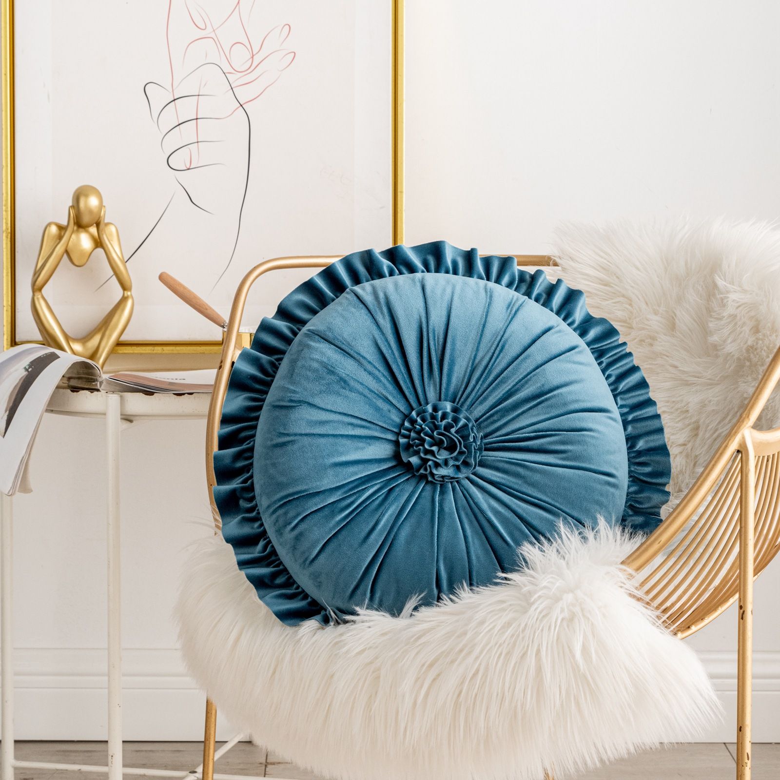 Round Velvet Cushion Ruffled Flower Cushion Decorative Sofa Throw Pillow - Image 7