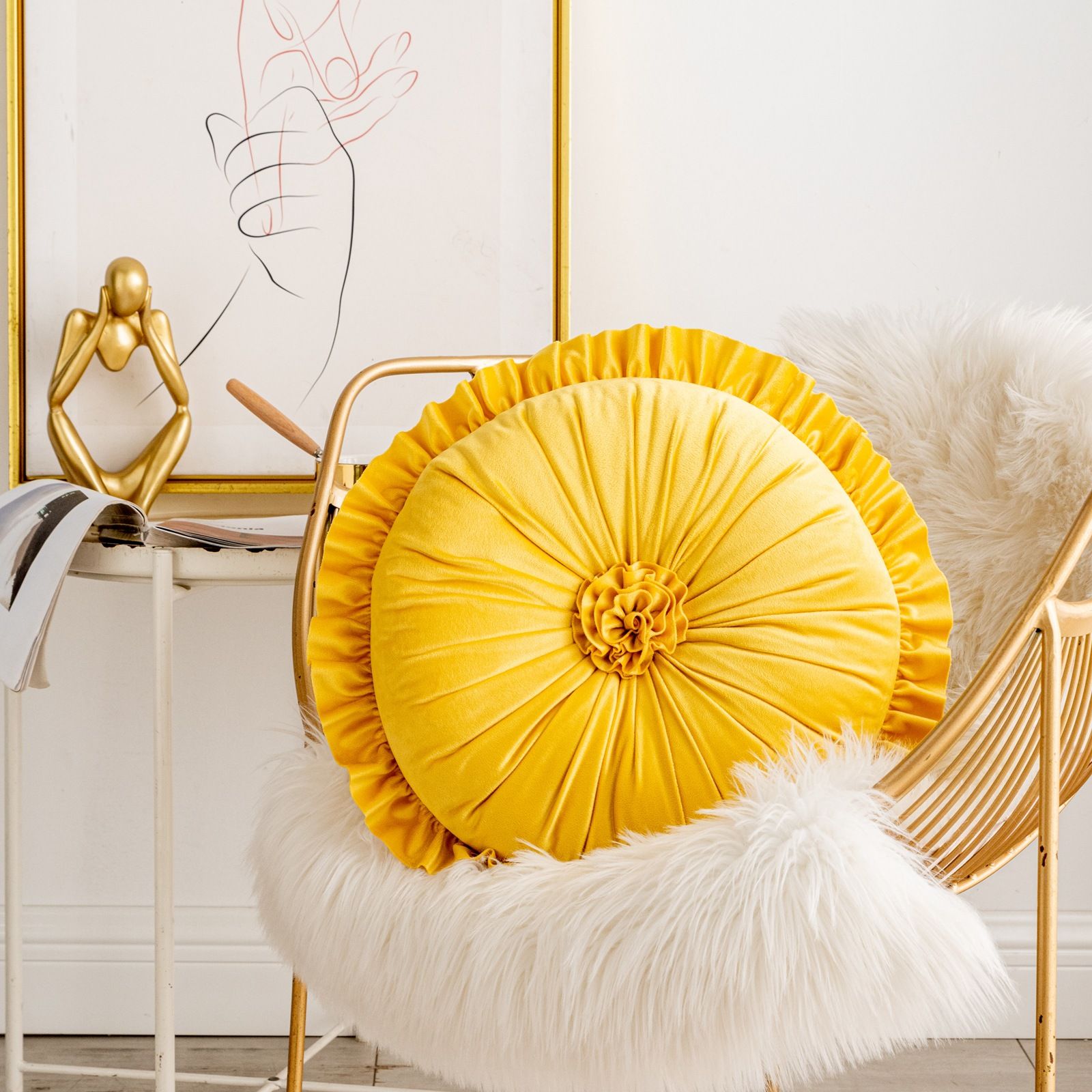 Round Velvet Cushion Ruffled Flower Cushion Decorative Sofa Throw Pillow - Image 8