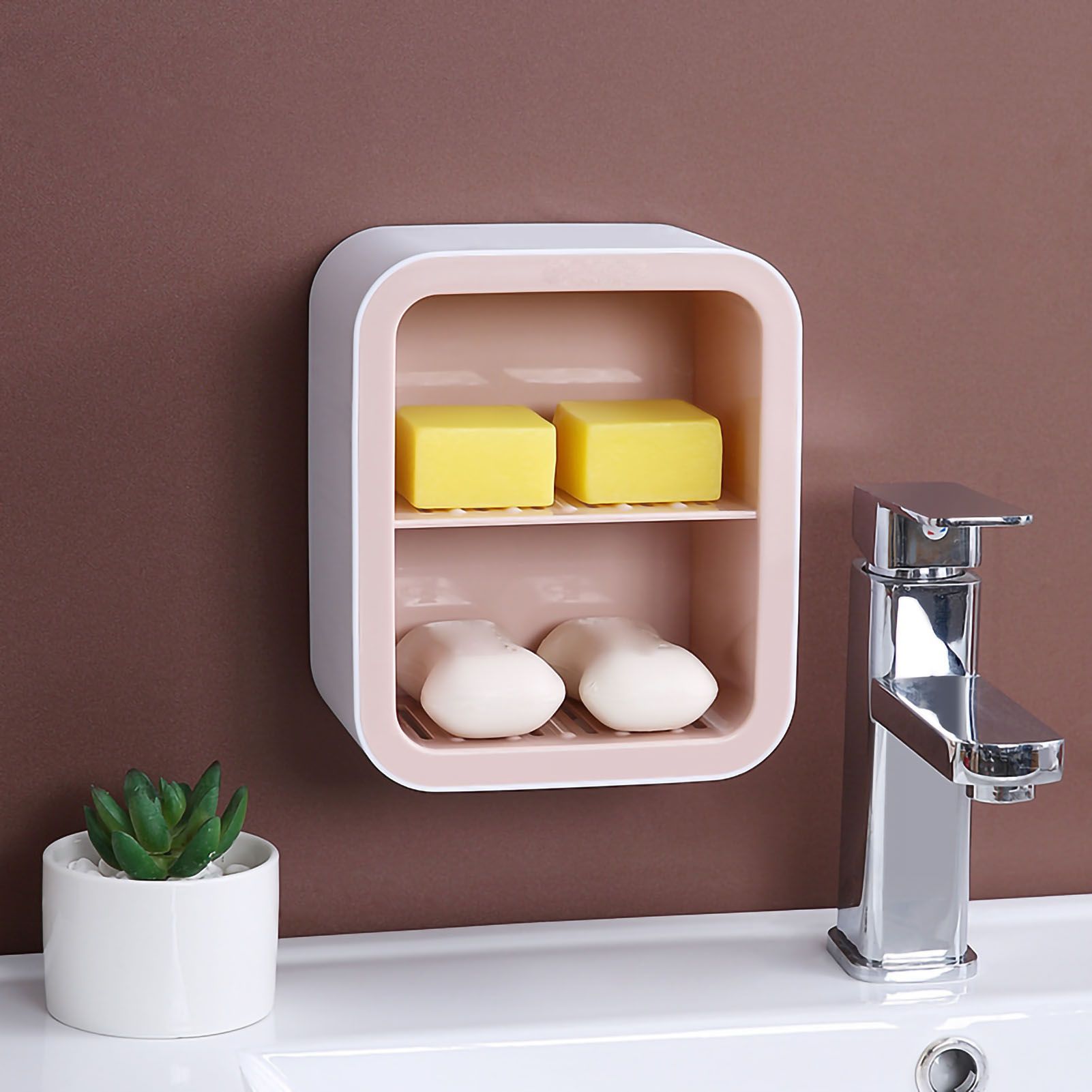 Wall Mount Soap Rack Drain Toilet Suction Disc Punch Free Box Student Dormitory Supplies Nordic 2 Layer Pink - Image 1