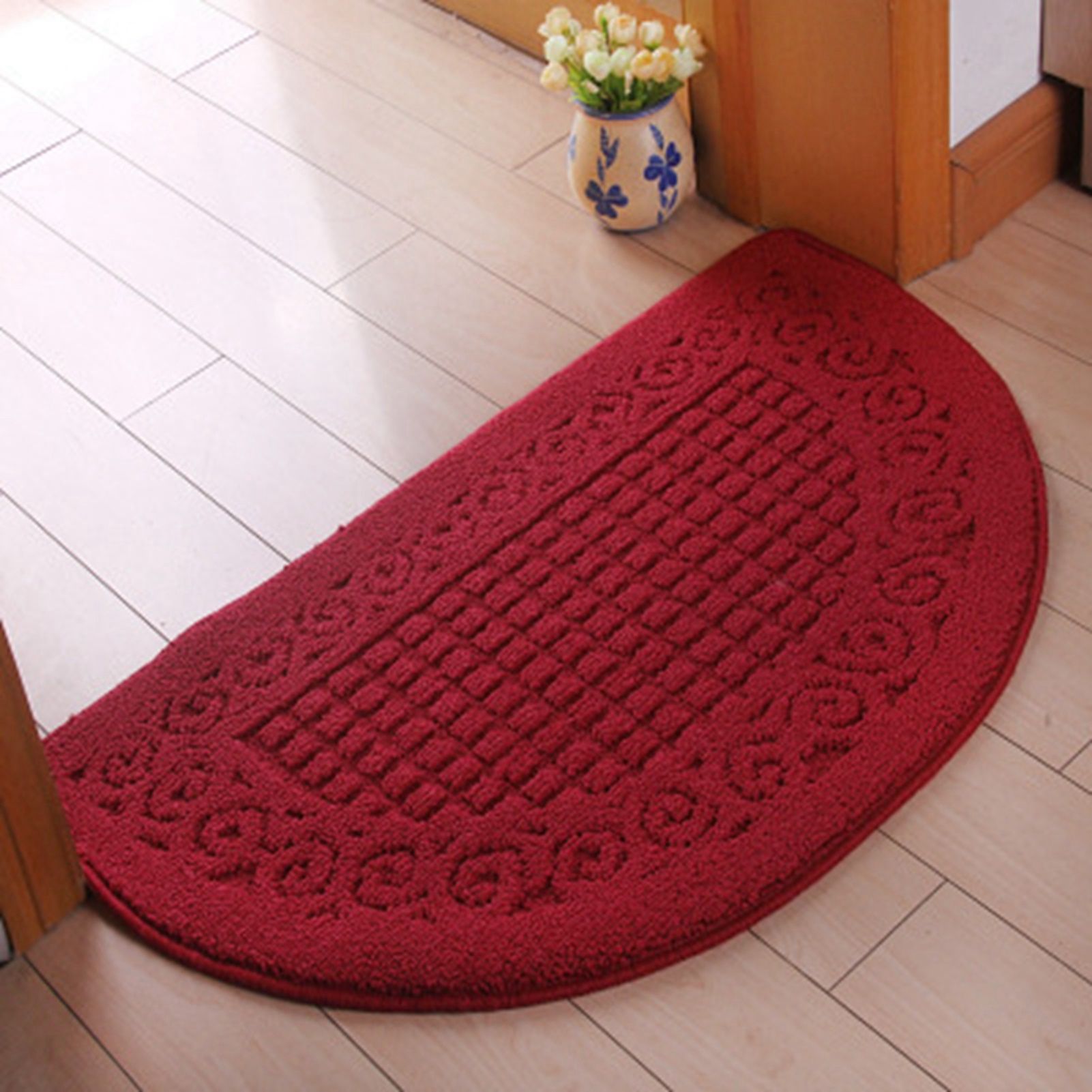 Half Circle Doormat Semicircle Floor Mat Dust Trap Polyester Fiber Strong Absorption Anti Slip for Outdoor Indoor Dark Red 48x78cm / 18.9x30.7in - Image 3