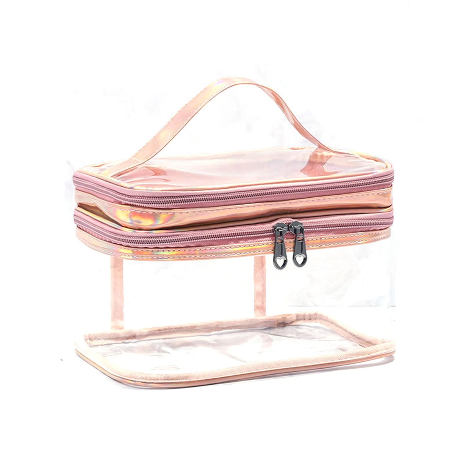 Ladies Cosmetic Bag Transparent Double Layer Waterproof High Capacity Toiletry Storage Bag for Travel Pink - Image 1