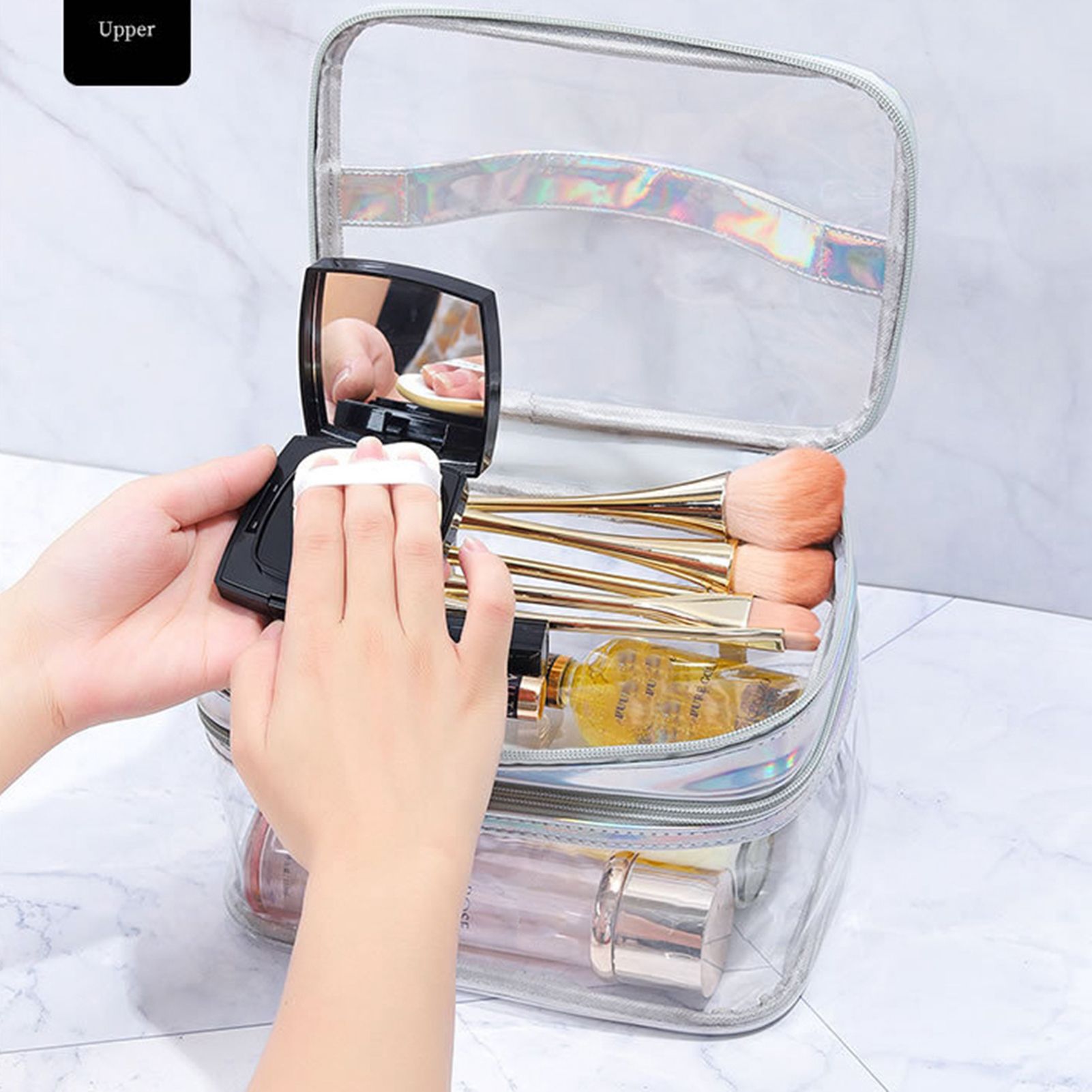 Ladies Cosmetic Bag Transparent Double Layer Waterproof High Capacity Toiletry Storage Bag for Travel Pink - Image 4
