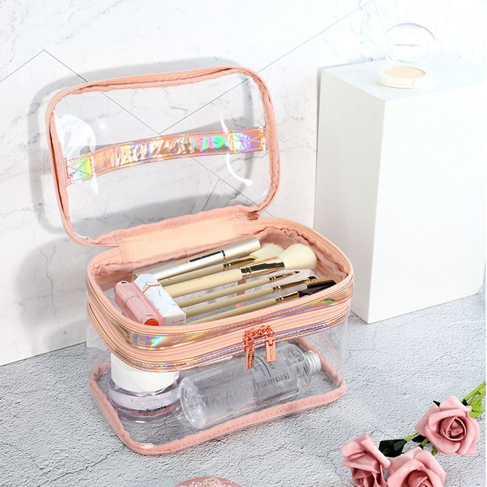 Ladies Cosmetic Bag Transparent Double Layer Waterproof High Capacity Toiletry Storage Bag for Travel Pink - Image 6