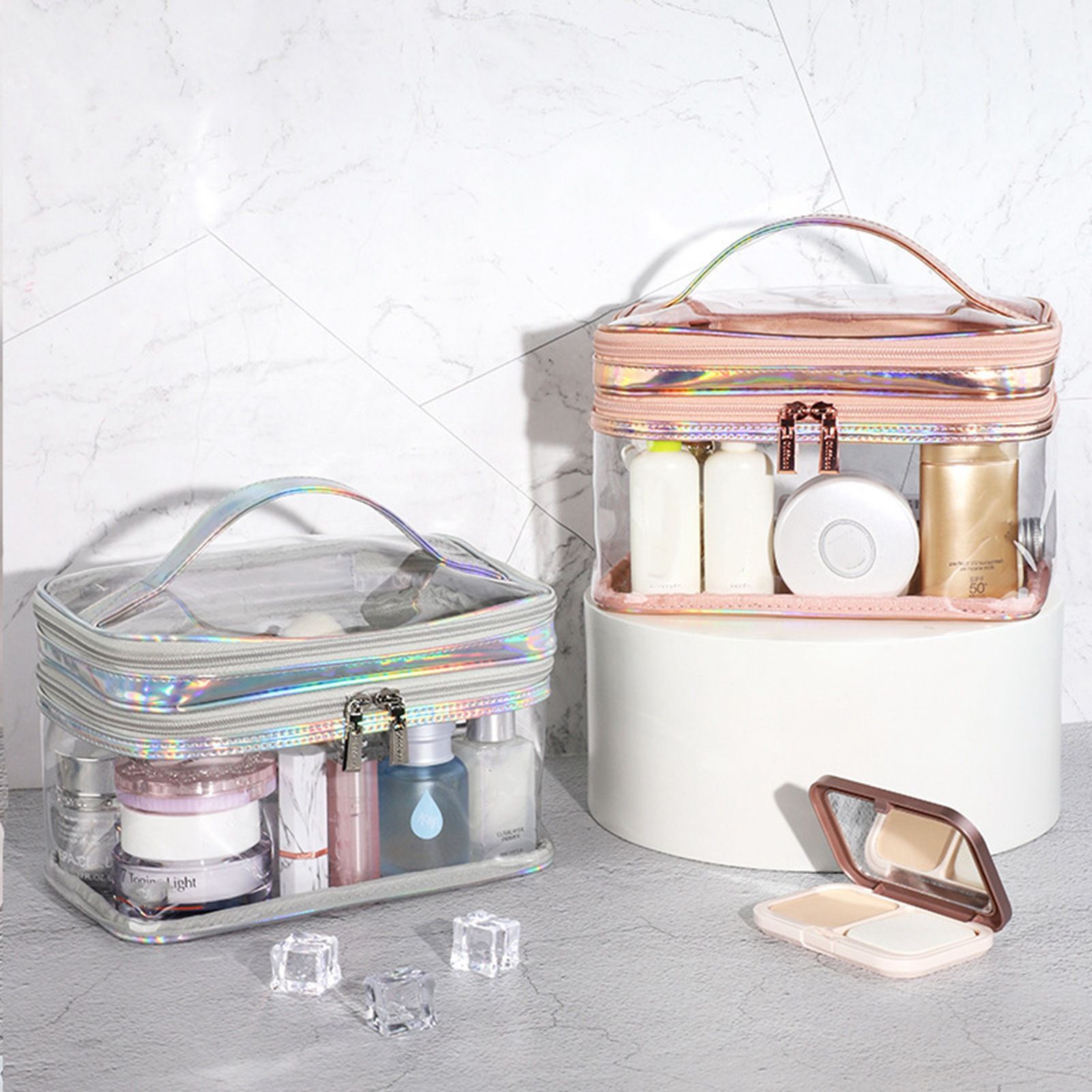Ladies Cosmetic Bag Transparent Double Layer Waterproof High Capacity Toiletry Storage Bag for Travel Pink - Image 7