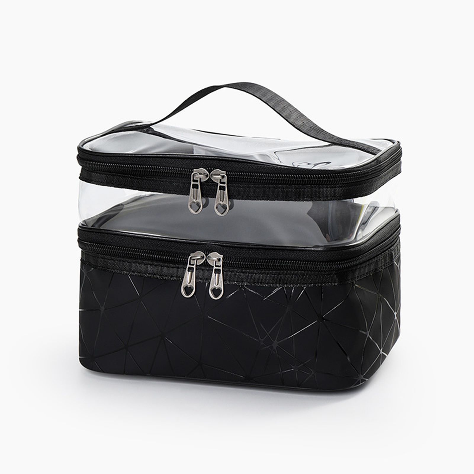Ladies Cosmetic Bag Transparent Double Layer Waterproof High Capacity Toiletry Storage Bag for Travel Upgrade Rhombus Black - Image 1