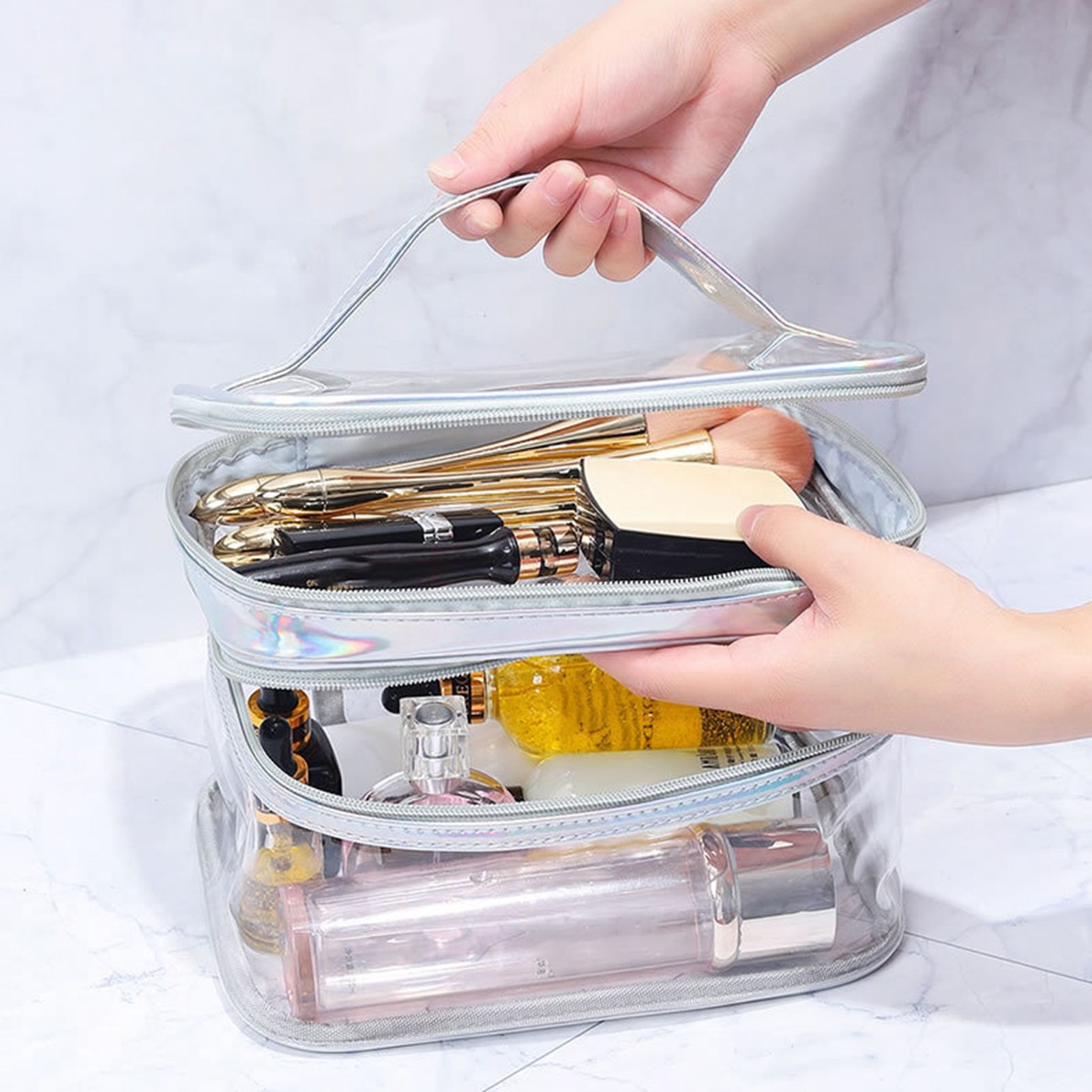 Ladies Cosmetic Bag Transparent Double Layer Waterproof High Capacity Toiletry Storage Bag for Travel Upgrade Rhombus Black - Image 3