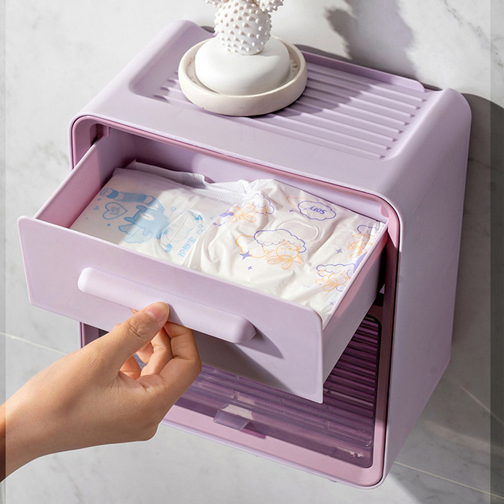 Toilet Paper Roll Box Waterproof Wall Mount Toilet Tissue Holder No Punch Bathroom Tissue Roll Box Double Layer Purple - Image 5