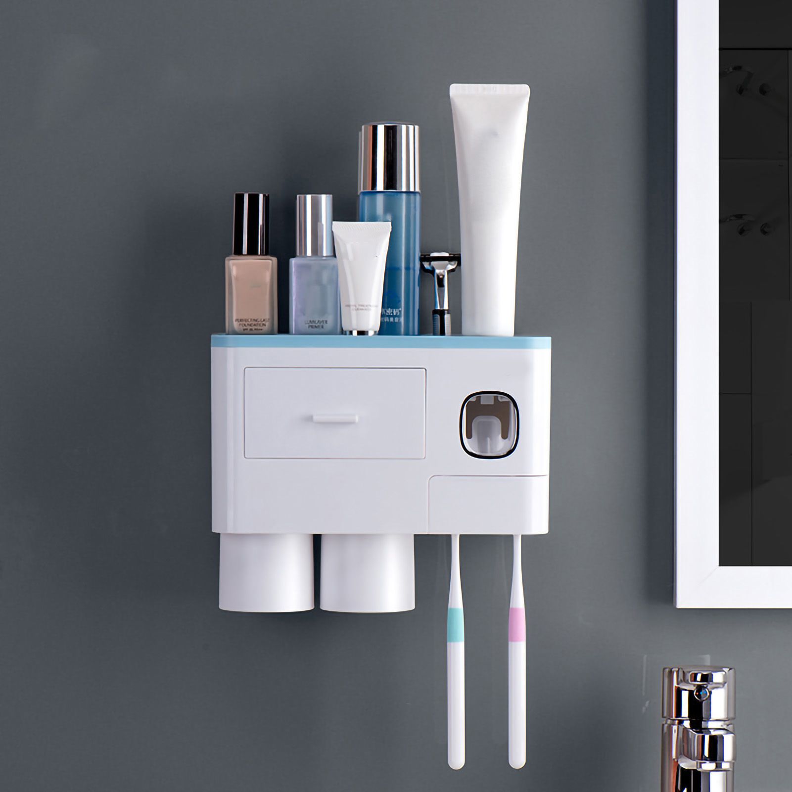 Toothbrush Storage Rack Inverted Magnetic Adsorption Toothbrush Holder Toothpaste Squeezer 2 Blue Cups - Image 1