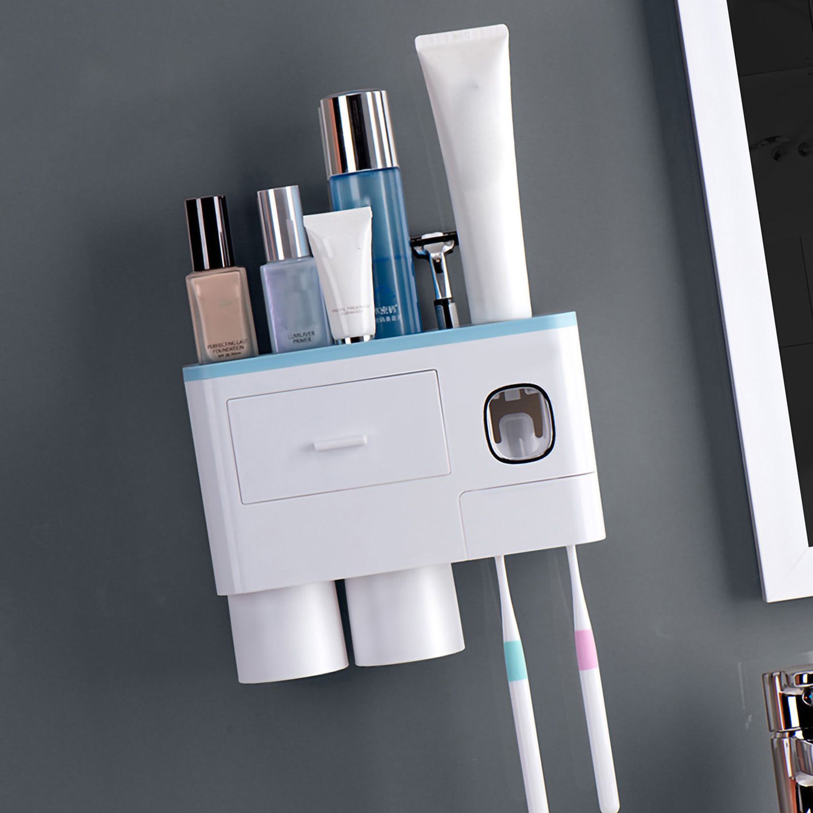 Toothbrush Storage Rack Inverted Magnetic Adsorption Toothbrush Holder Toothpaste Squeezer 2 Blue Cups - Image 3
